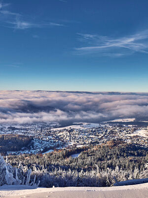 Blick über die verschneiten Bäume im Winterwunderland des Bretterschachten Bodenmais.